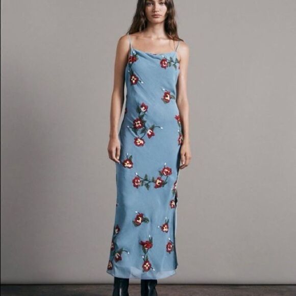 Rag and Bone Jolene embroidered spaghetti strap lined blue Chiffon Midi Dress 8 - Picture 1 of 9